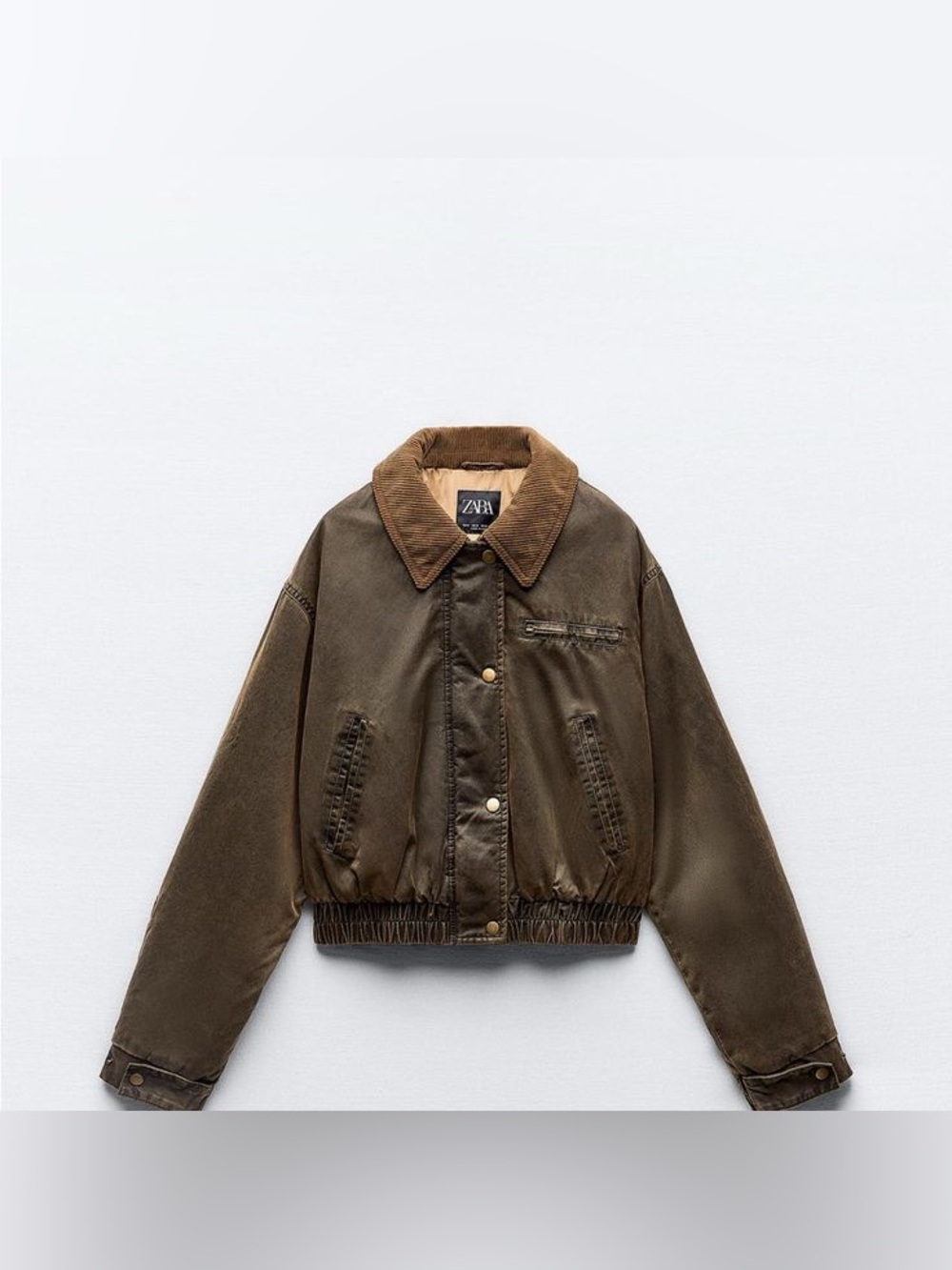ZARA Brown Waxed Cropped Bomber Jacket with Corduroy Collar